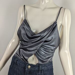 Lush Body suit, metallic grey cowl neck, cut out front wrap tank top size medium